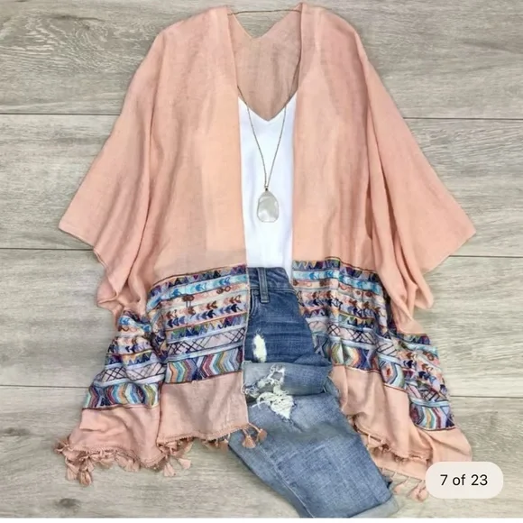 Brandie Peach Embroidered Open Front Tassel Detail Kimono - Picture 1 of 13